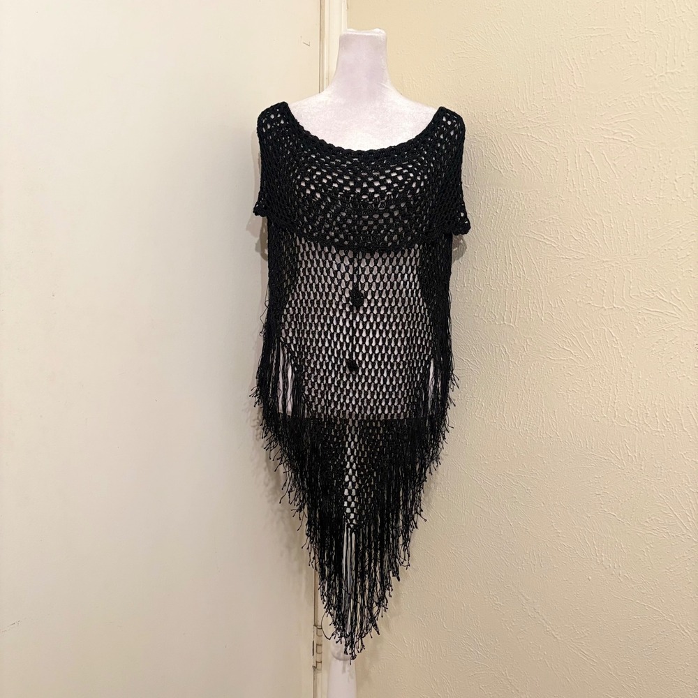 Y2K Black Crochet Fringe Cowl Neck Poncho Top Open Knit Mesh Whimsigoth Y2K